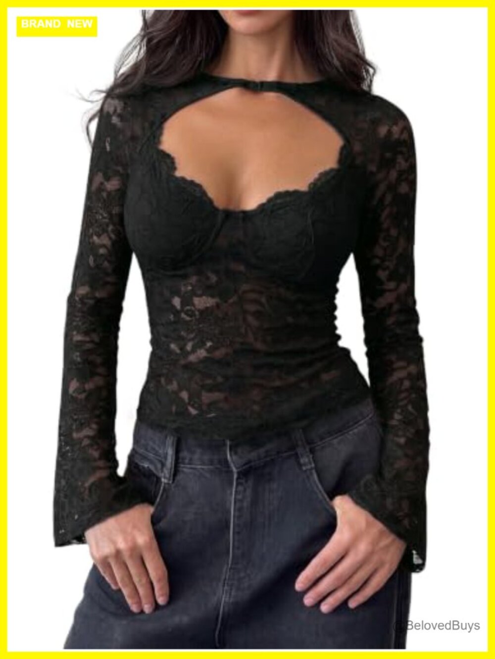 Lace Mesh Bell Sleeve Y2K Going Out Top Slim Fit Long Sleeve Shirt